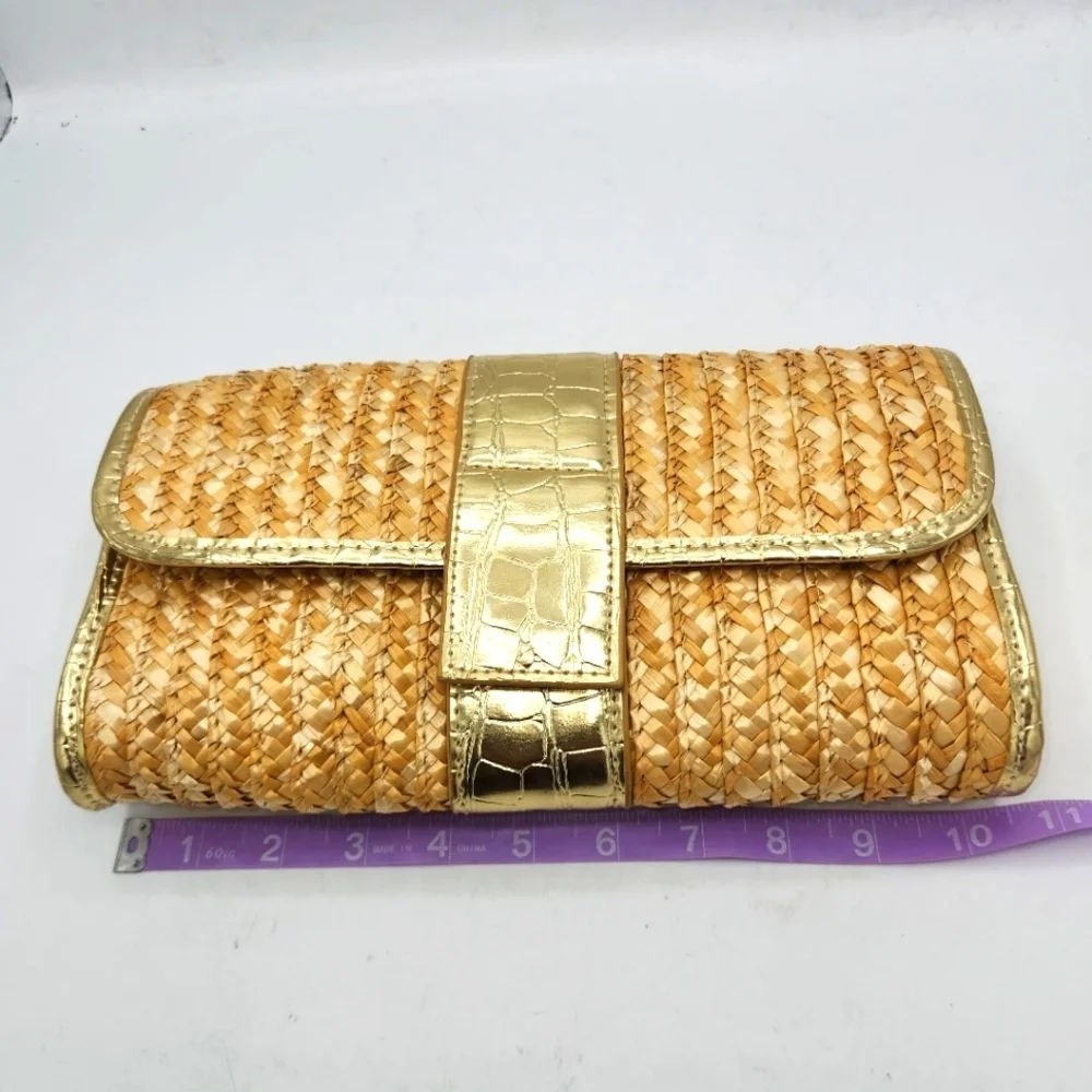 Big Buddha Straw Faux Leather Gold Crocs Trim Accents Fold Over Clutch